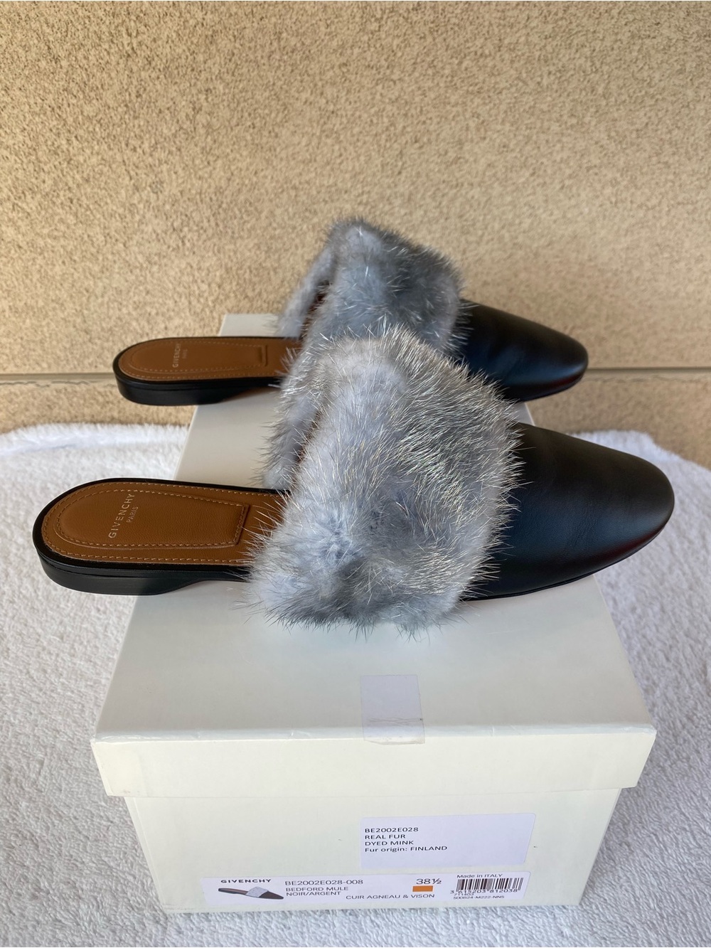 Givenchy “Bedford” Black Lamb Leather Mules with Silver Mink Trim